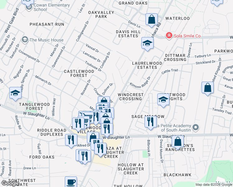 map of restaurants, bars, coffee shops, grocery stores, and more near 9400 Menchaca Road in Austin