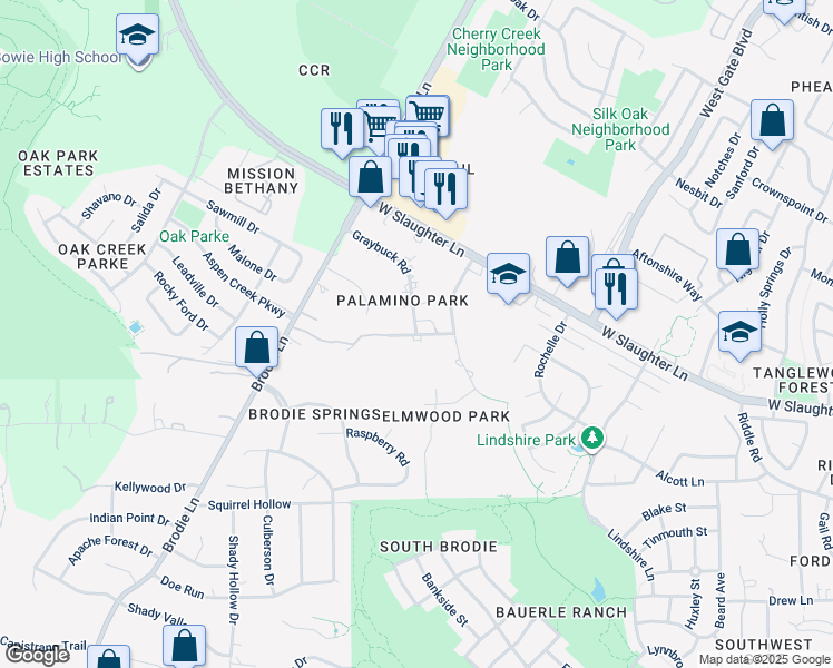 map of restaurants, bars, coffee shops, grocery stores, and more near 3309 Hackamore Drive in Austin