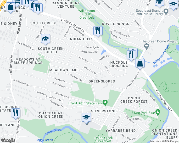 map of restaurants, bars, coffee shops, grocery stores, and more near 4603 Glade Line Drive in Austin