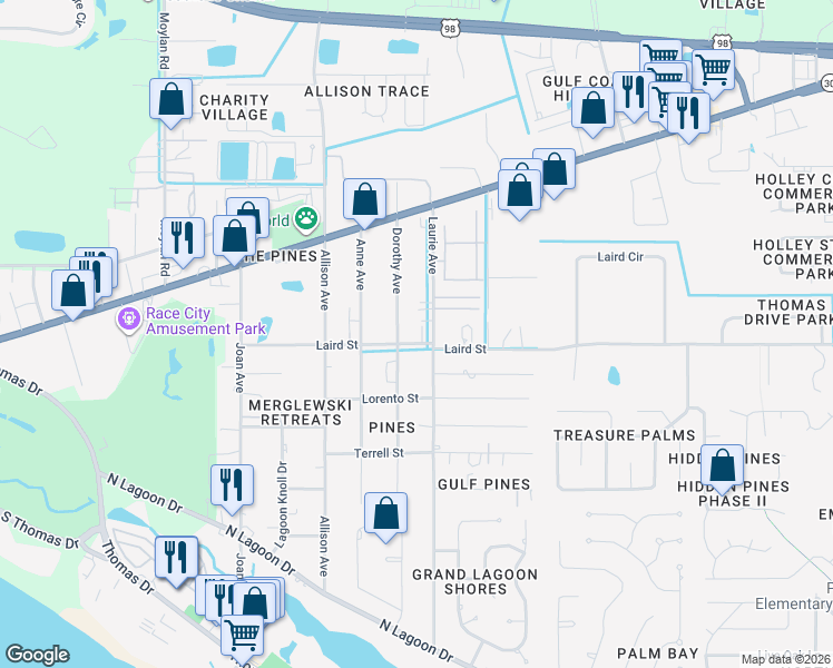 map of restaurants, bars, coffee shops, grocery stores, and more near 2316 Dorothy Avenue in Panama City Beach
