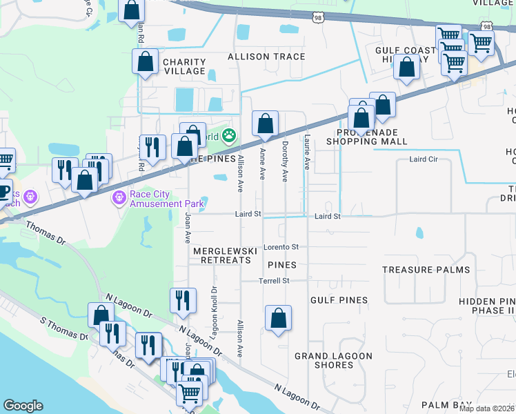 map of restaurants, bars, coffee shops, grocery stores, and more near 2206 Brooke Street in Panama City Beach