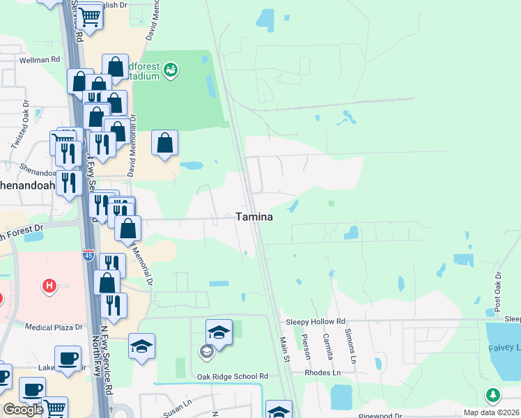 map of restaurants, bars, coffee shops, grocery stores, and more near 19103 Main Street in Conroe