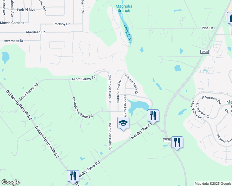 map of restaurants, bars, coffee shops, grocery stores, and more near 28819 Hidden Cove Drive in Magnolia