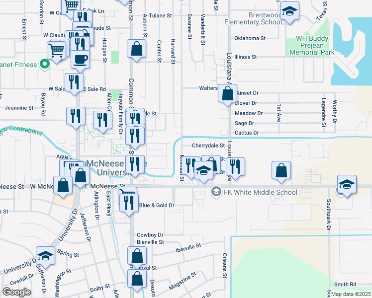 map of restaurants, bars, coffee shops, grocery stores, and more near 4336 Kirkman Street in Lake Charles