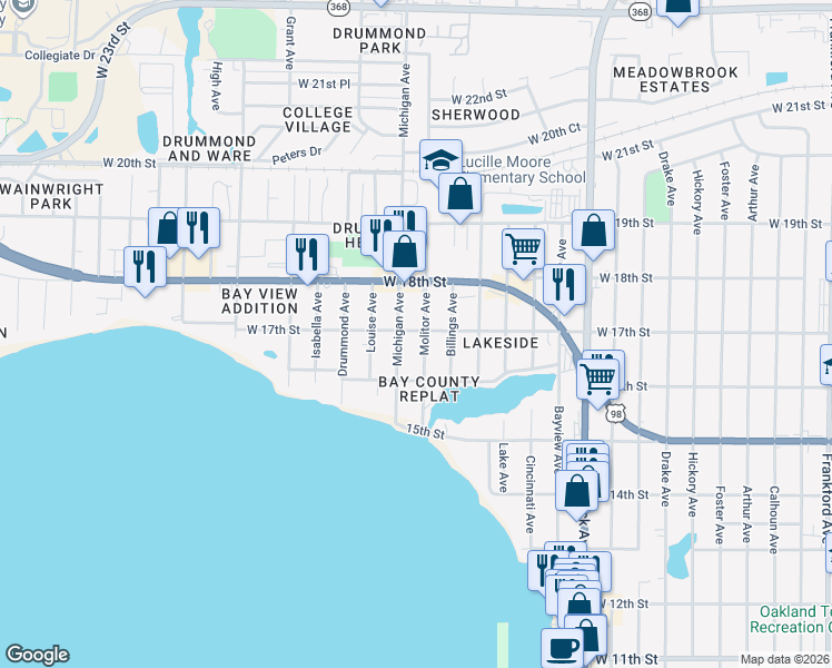 map of restaurants, bars, coffee shops, grocery stores, and more near 1617 Molitor Avenue in Panama City