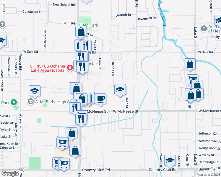 map of restaurants, bars, coffee shops, grocery stores, and more near 1529 Jennifer Street in Lake Charles