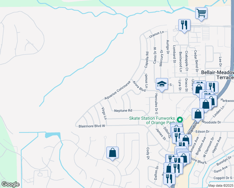 map of restaurants, bars, coffee shops, grocery stores, and more near 440 Saturn Lane West in Orange Park