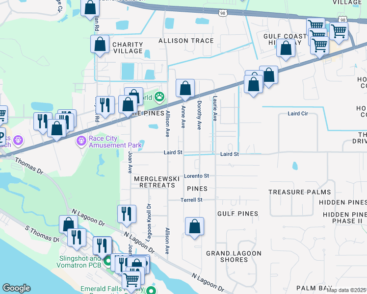 map of restaurants, bars, coffee shops, grocery stores, and more near 2218 Anne Avenue in Panama City Beach