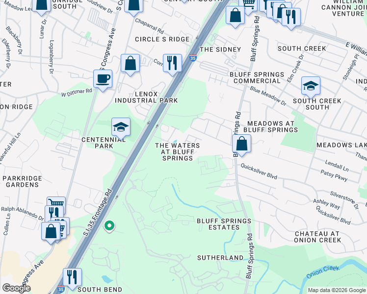 map of restaurants, bars, coffee shops, grocery stores, and more near 7707 South Interstate 35 Frontage Road in Austin