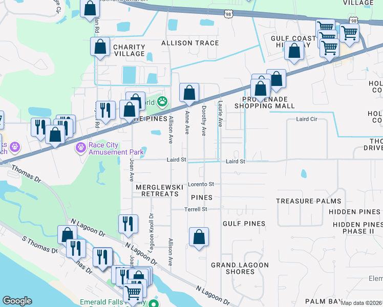 map of restaurants, bars, coffee shops, grocery stores, and more near 2302 Anne Avenue in Panama City Beach