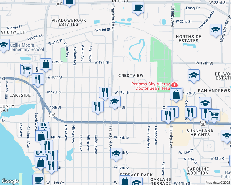 map of restaurants, bars, coffee shops, grocery stores, and more near 2053 West 17th Street in Panama City
