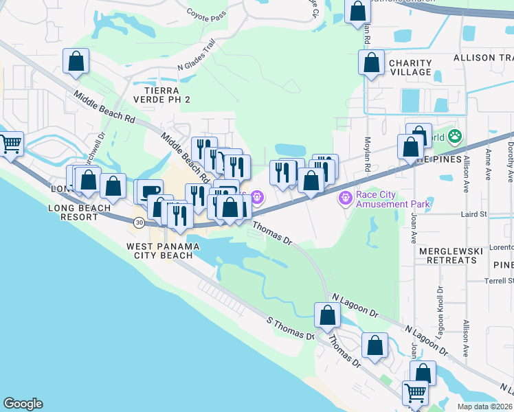 map of restaurants, bars, coffee shops, grocery stores, and more near 9910 Front Beach Road in Panama City Beach