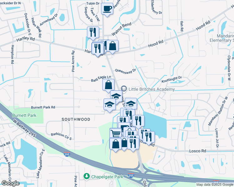 map of restaurants, bars, coffee shops, grocery stores, and more near 10822 Old Saint Augustine Road in Jacksonville