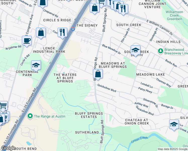 map of restaurants, bars, coffee shops, grocery stores, and more near 7430 Old Lockhart Road in Austin