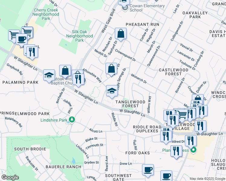 map of restaurants, bars, coffee shops, grocery stores, and more near 2664 Aftonshire Way in Austin