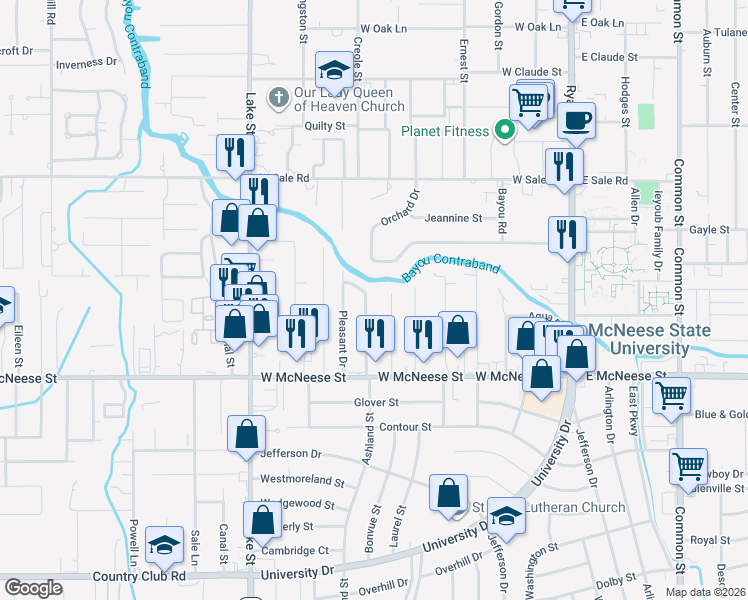 map of restaurants, bars, coffee shops, grocery stores, and more near 4318 Dean Street in Lake Charles