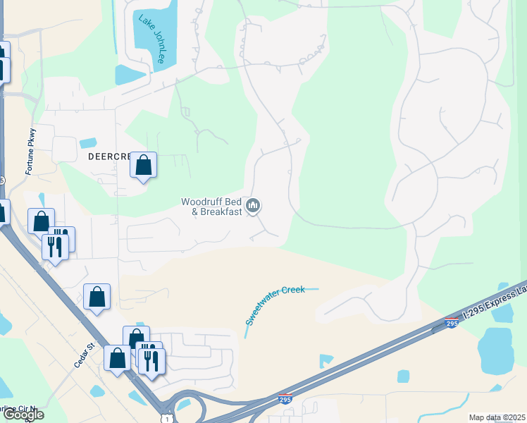map of restaurants, bars, coffee shops, grocery stores, and more near 10151 Bishop Lake Road West in Jacksonville