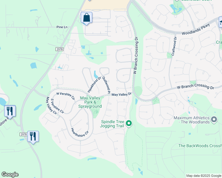 map of restaurants, bars, coffee shops, grocery stores, and more near 51 West Sage Creek Place in The Woodlands