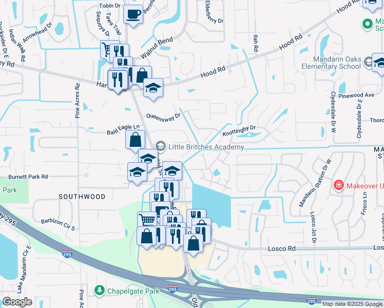 map of restaurants, bars, coffee shops, grocery stores, and more near 4334 Winderbrook Court in Jacksonville