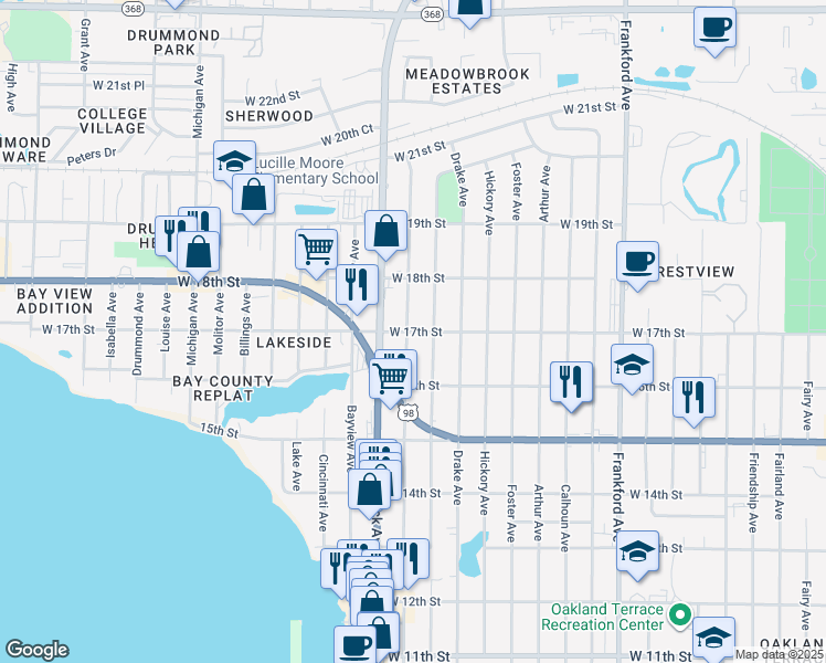 map of restaurants, bars, coffee shops, grocery stores, and more near 2823 West 17th Street in Panama City