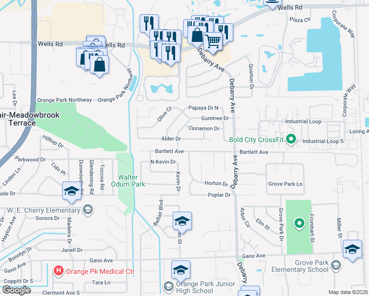 map of restaurants, bars, coffee shops, grocery stores, and more near 1762 Bartlett Avenue in Orange Park