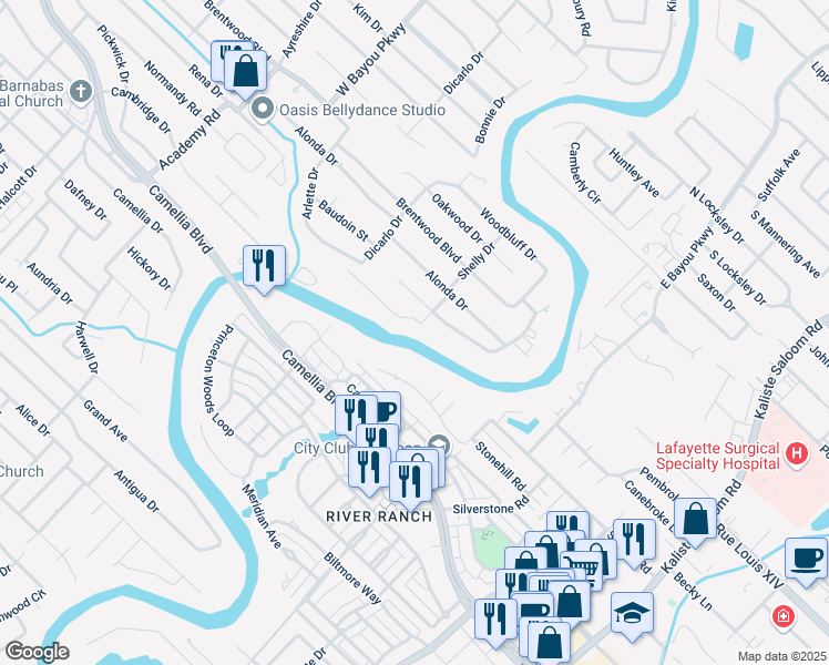 map of restaurants, bars, coffee shops, grocery stores, and more near 401 Shelly Drive in Lafayette