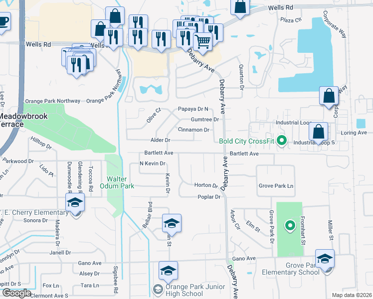 map of restaurants, bars, coffee shops, grocery stores, and more near 1735 Bartlett Avenue in Orange Park