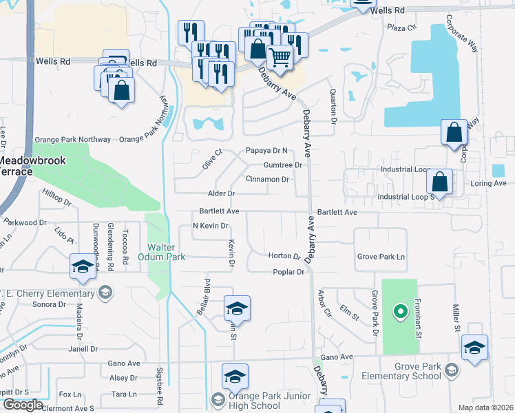 map of restaurants, bars, coffee shops, grocery stores, and more near 1735 Bartlett Avenue in Orange Park