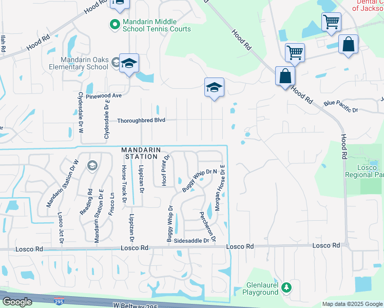 map of restaurants, bars, coffee shops, grocery stores, and more near 10848 Percheron Drive in Jacksonville
