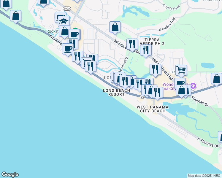 map of restaurants, bars, coffee shops, grocery stores, and more near 10625 Front Beach Road in Panama City Beach