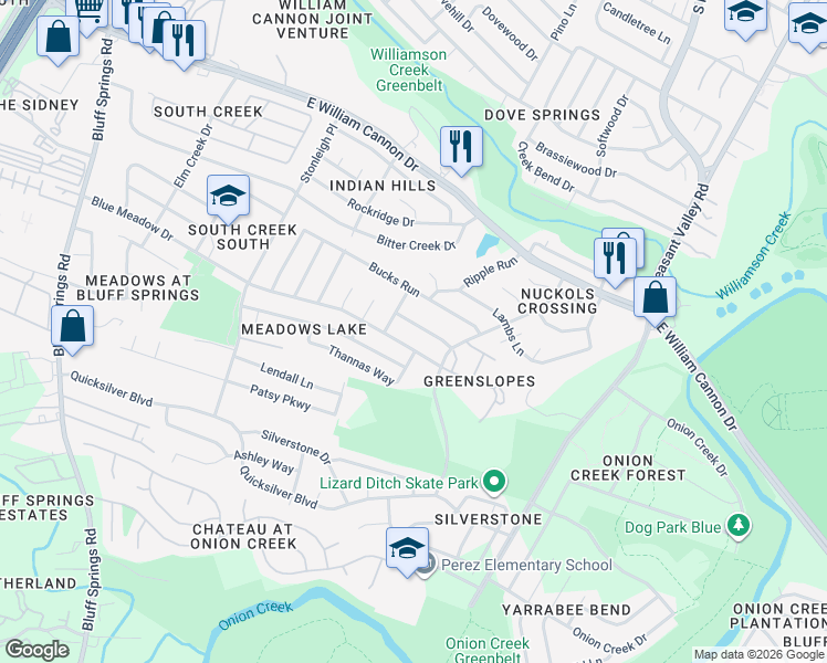 map of restaurants, bars, coffee shops, grocery stores, and more near 4613 Blue Meadow Drive in Austin