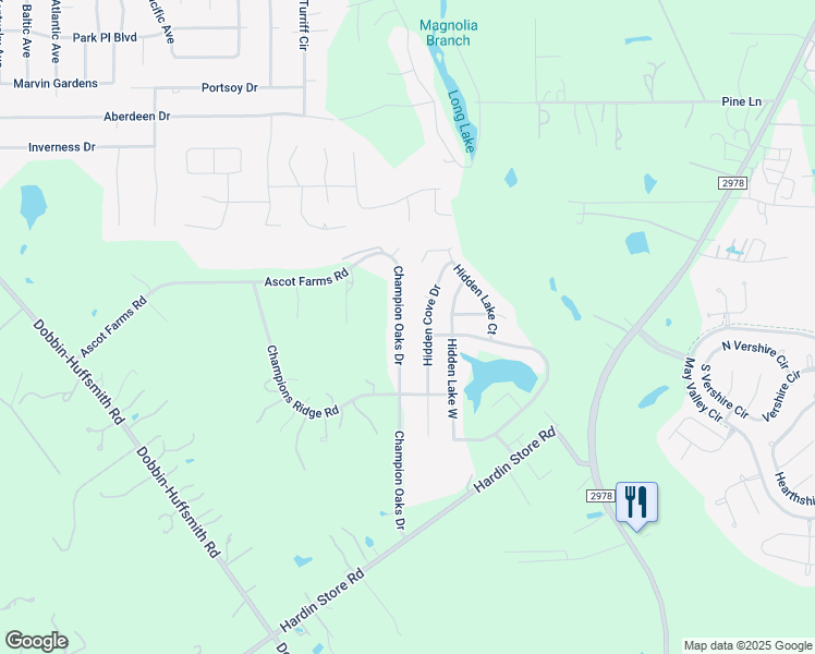 map of restaurants, bars, coffee shops, grocery stores, and more near 28802 Champion Oaks Drive in Magnolia