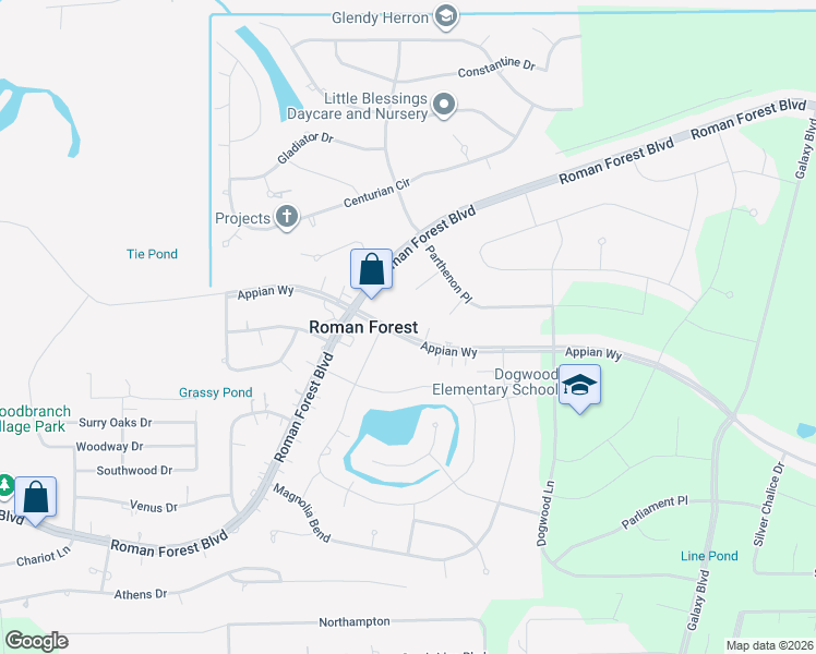 map of restaurants, bars, coffee shops, grocery stores, and more near 2526 Appian Way in New Caney