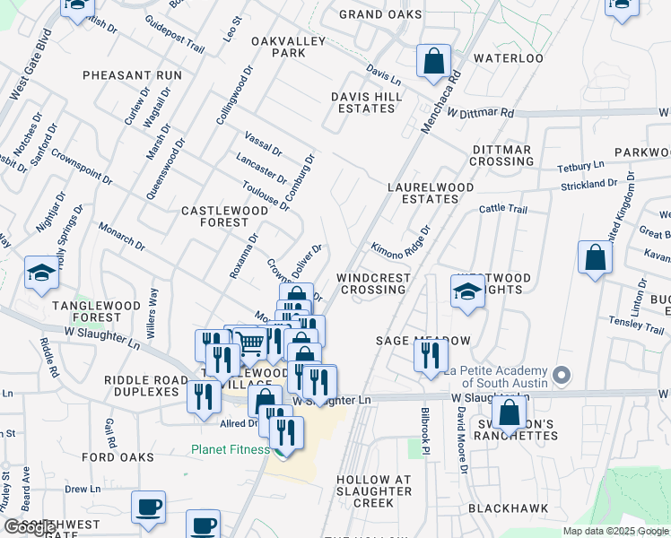 map of restaurants, bars, coffee shops, grocery stores, and more near 9400 Menchaca Road in Austin
