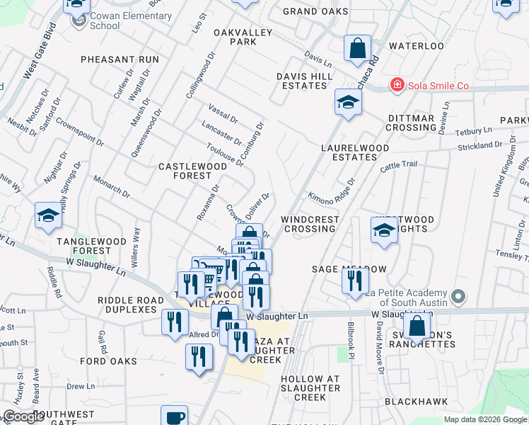 map of restaurants, bars, coffee shops, grocery stores, and more near 9406 Kempler Drive in Austin