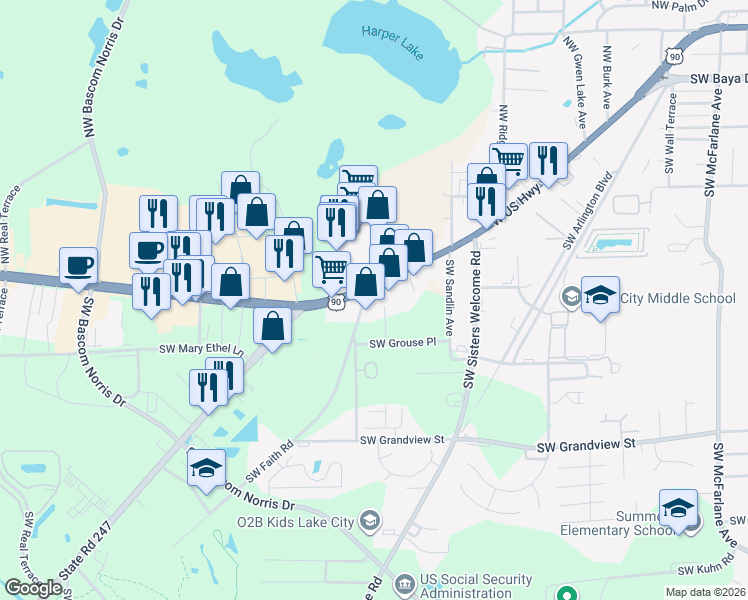 map of restaurants, bars, coffee shops, grocery stores, and more near 1912 West US Highway 90 in Lake City