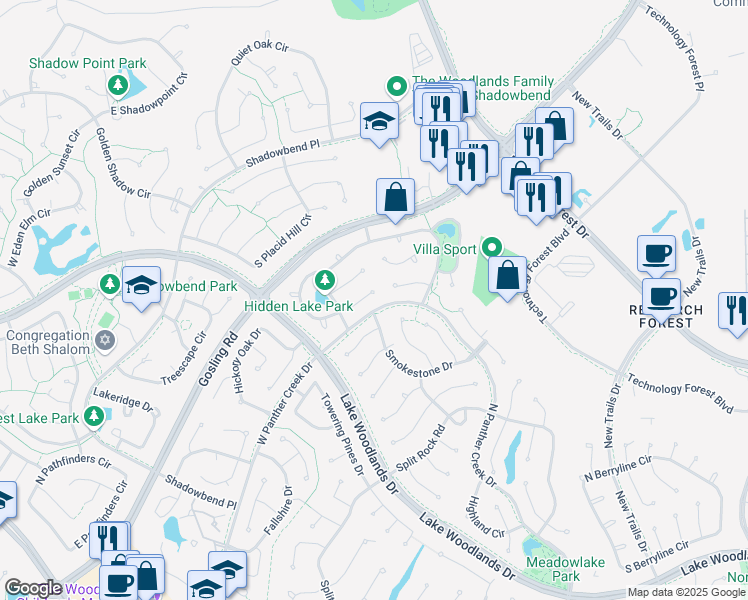 map of restaurants, bars, coffee shops, grocery stores, and more near 11 West Misty Morning Trce in Spring