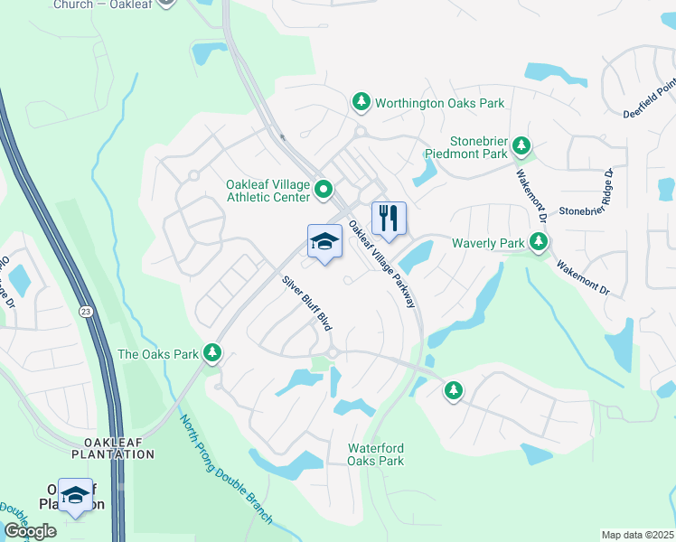 map of restaurants, bars, coffee shops, grocery stores, and more near 410 Oakleaf Village Parkway in Orange Park