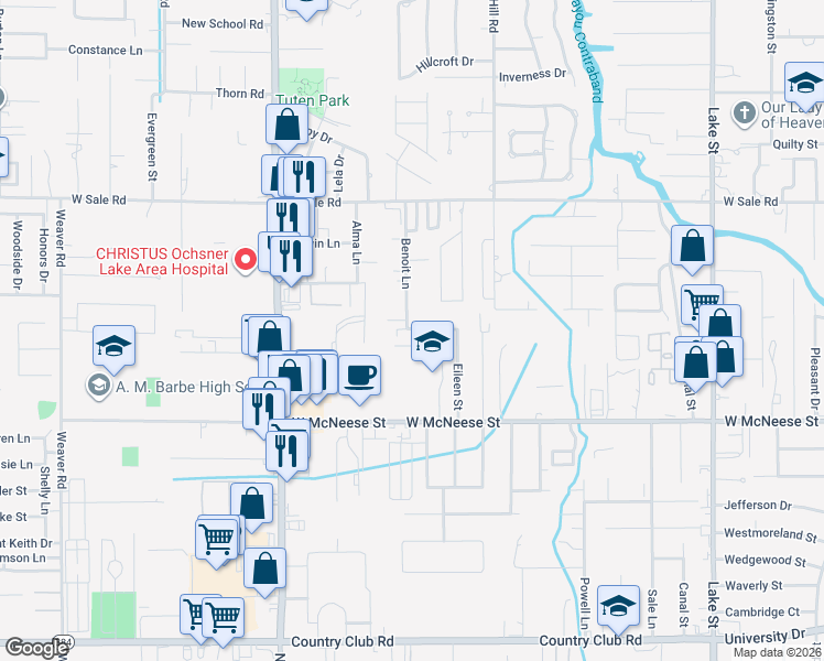 map of restaurants, bars, coffee shops, grocery stores, and more near 1529 Jennifer Street in Lake Charles