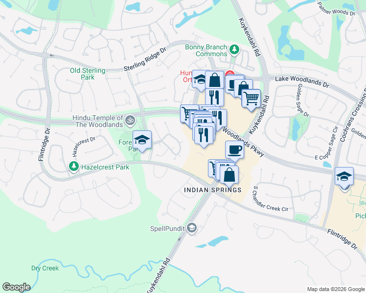 map of restaurants, bars, coffee shops, grocery stores, and more near 47 Dove Trace Circle in Spring
