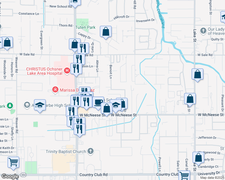 map of restaurants, bars, coffee shops, grocery stores, and more near 1529 Jennifer Street in Lake Charles