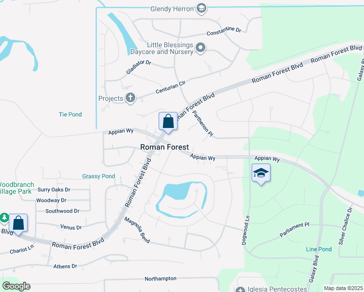 map of restaurants, bars, coffee shops, grocery stores, and more near 2514 Appian Way in New Caney
