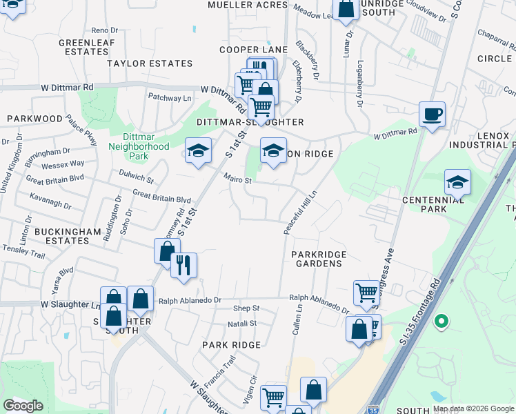 map of restaurants, bars, coffee shops, grocery stores, and more near 421 Baldridge Drive in Austin