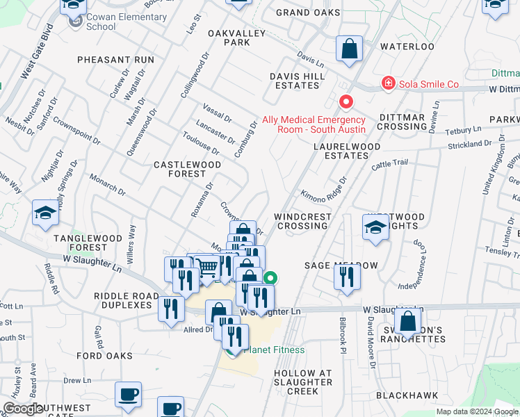 map of restaurants, bars, coffee shops, grocery stores, and more near 9406 Kempler Drive in Austin