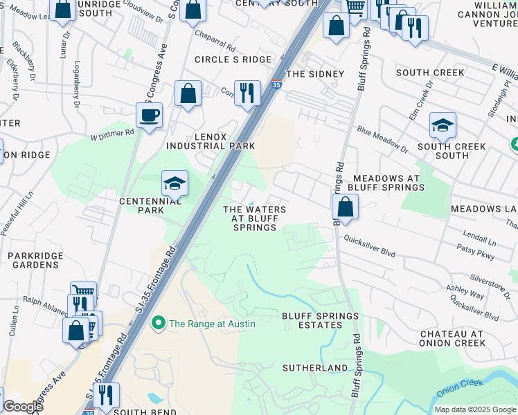 map of restaurants, bars, coffee shops, grocery stores, and more near 7707 South Interstate 35 Frontage Road in Austin