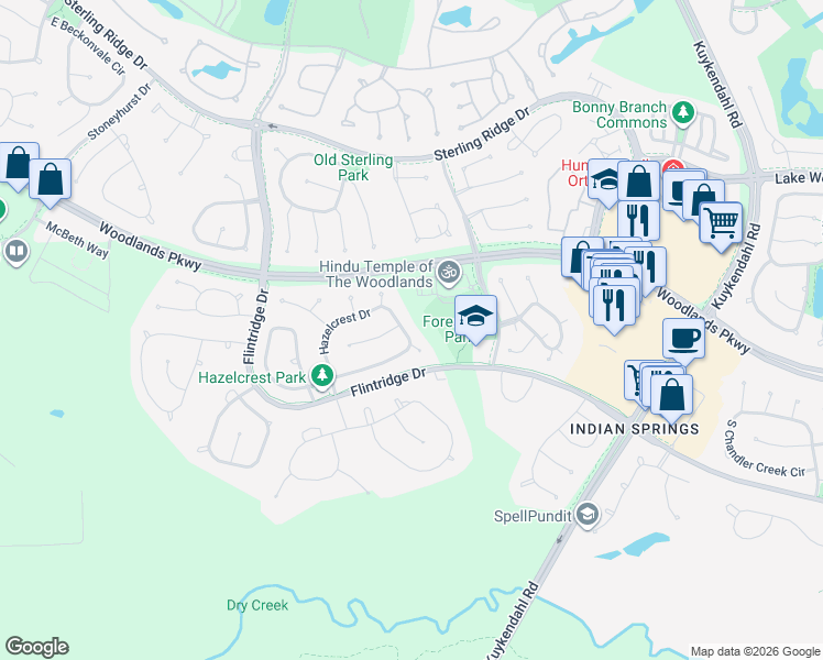 map of restaurants, bars, coffee shops, grocery stores, and more near 2 Mirror Ridge Court in Spring