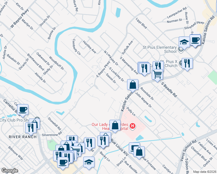 map of restaurants, bars, coffee shops, grocery stores, and more near 121 Templeton Drive in Lafayette