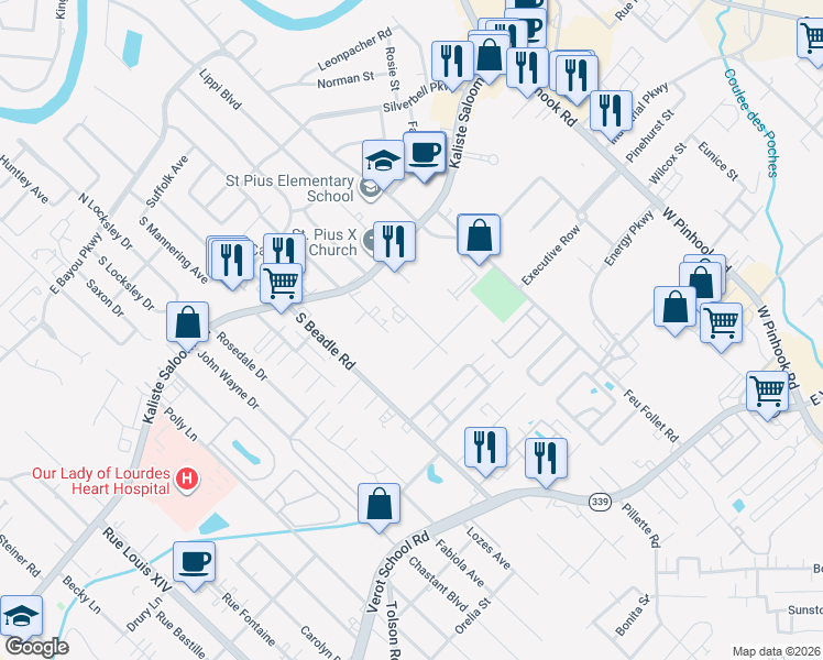 map of restaurants, bars, coffee shops, grocery stores, and more near 113 Greentree Drive in Lafayette