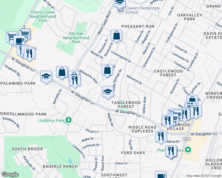 map of restaurants, bars, coffee shops, grocery stores, and more near 2703 Holly Springs Court in Austin