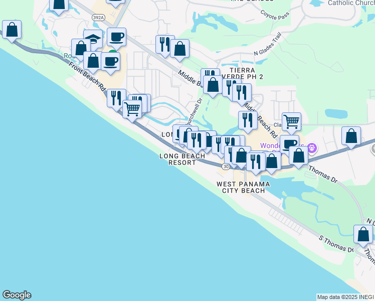 map of restaurants, bars, coffee shops, grocery stores, and more near 600 Henley Drive in Panama City Beach